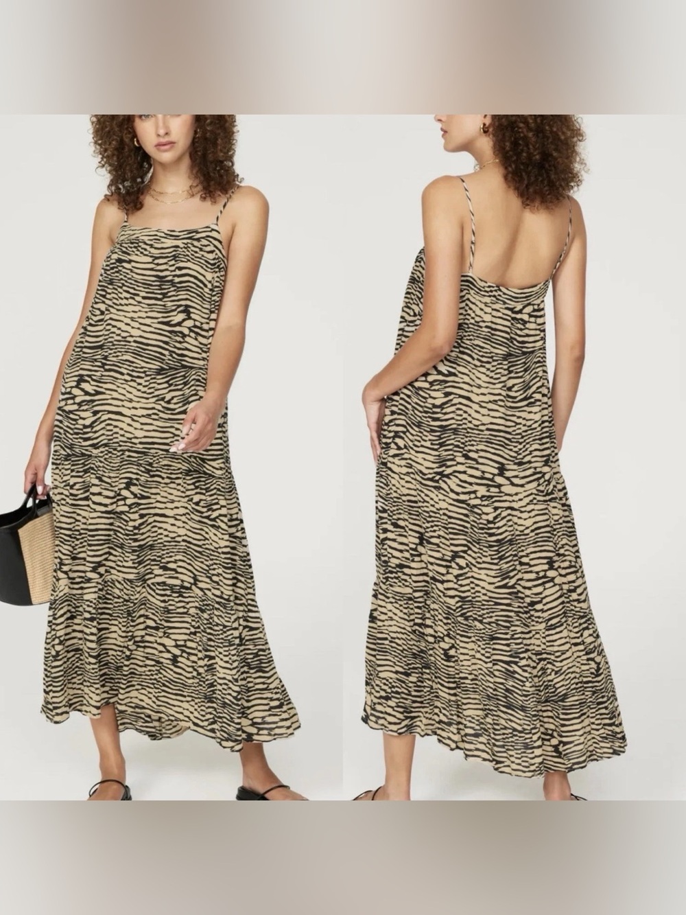 Rails Maty Dress Womens Small Sand Stone Zebra Print Tiered Maxi Spaghetti Strap